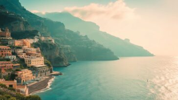 Stunning panoramic view of colorful Italian coastal towns,