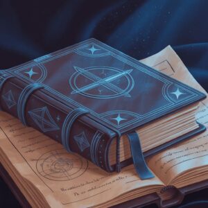 ancient leather-bound grimoire with mystic symbols