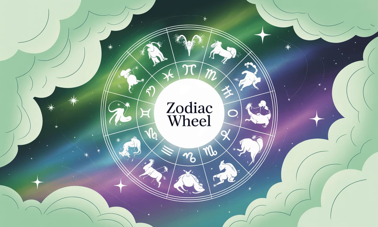 mystical zodiac wheel with all 12 astrological signs