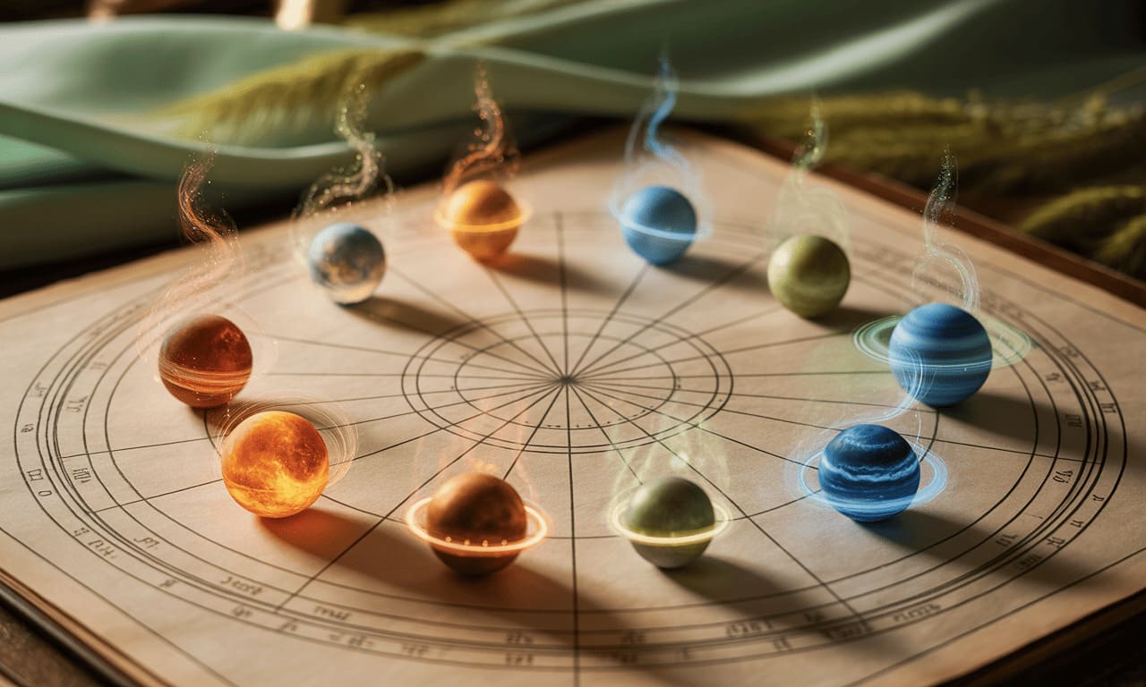 planets aligned on astrological chart axes, cosmic energy flowing through cardinal points