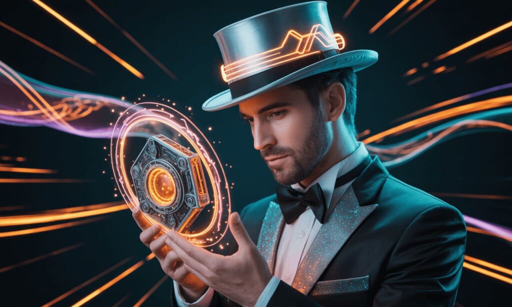 professional male magician with top hat examining magical amulet