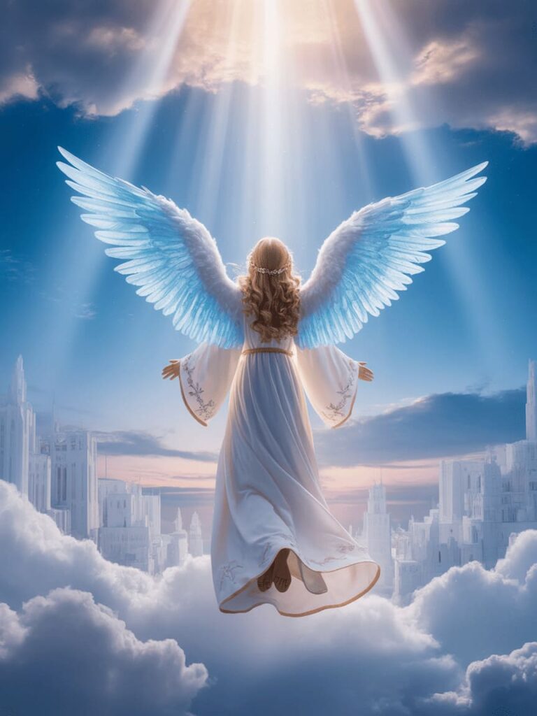 mystical vision of heaven with angels and divine light