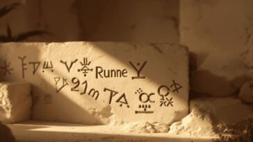 ancient nordic runes carved in stone atmospheric lighting