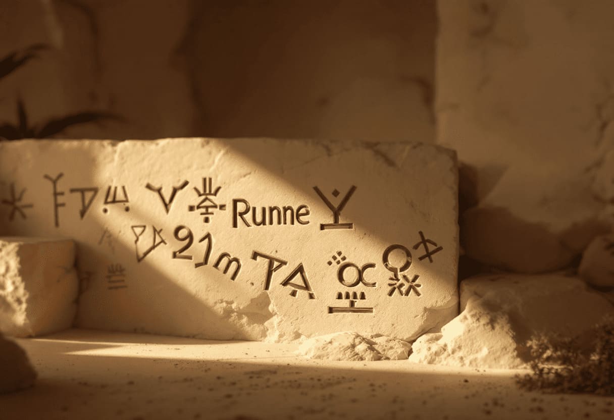 ancient nordic runes carved in stone atmospheric lighting