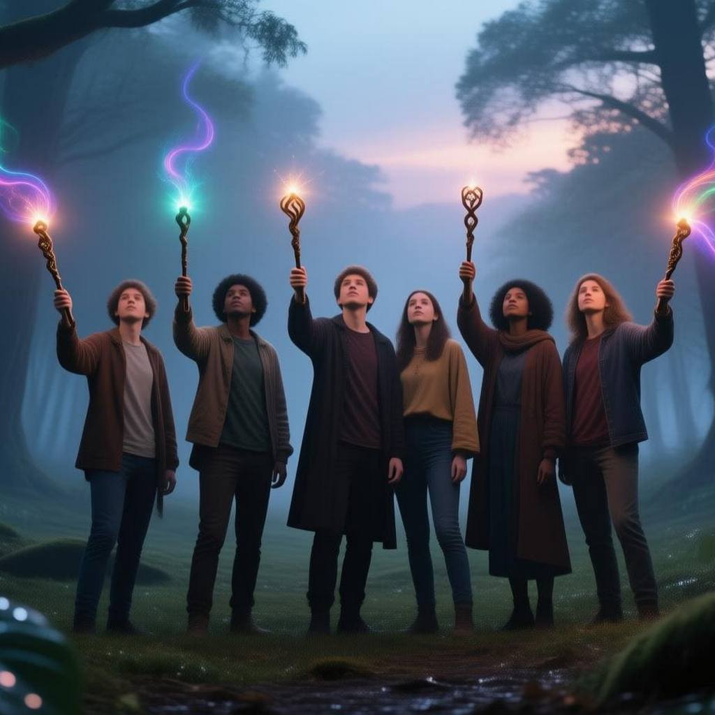 group of friends holding wands up together magical atmosphere