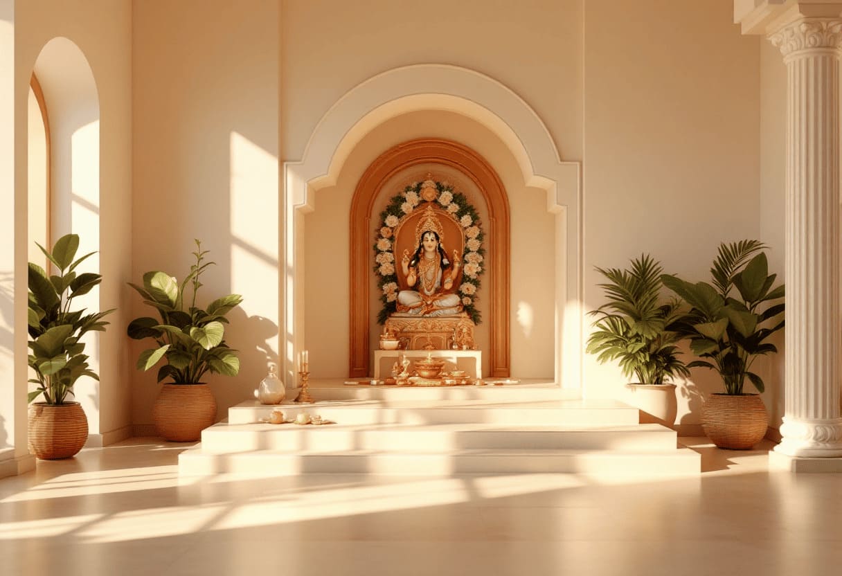 hindu puja altar mandir with deity images offerings