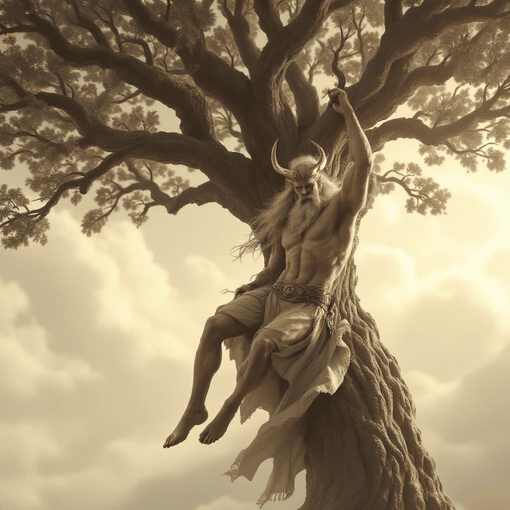 odin hanging from yggdrasil world tree norse mythology art