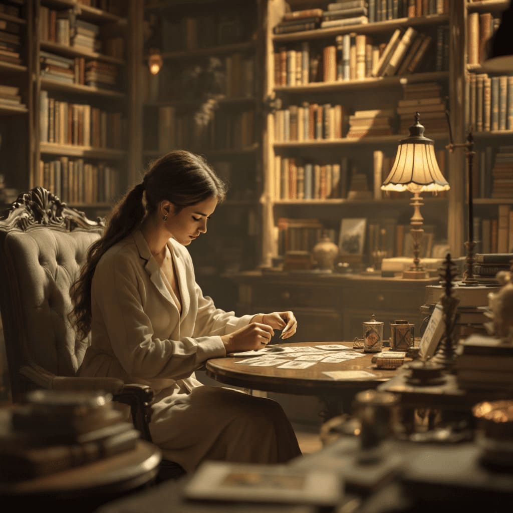 person examining tarot cards in bookstore