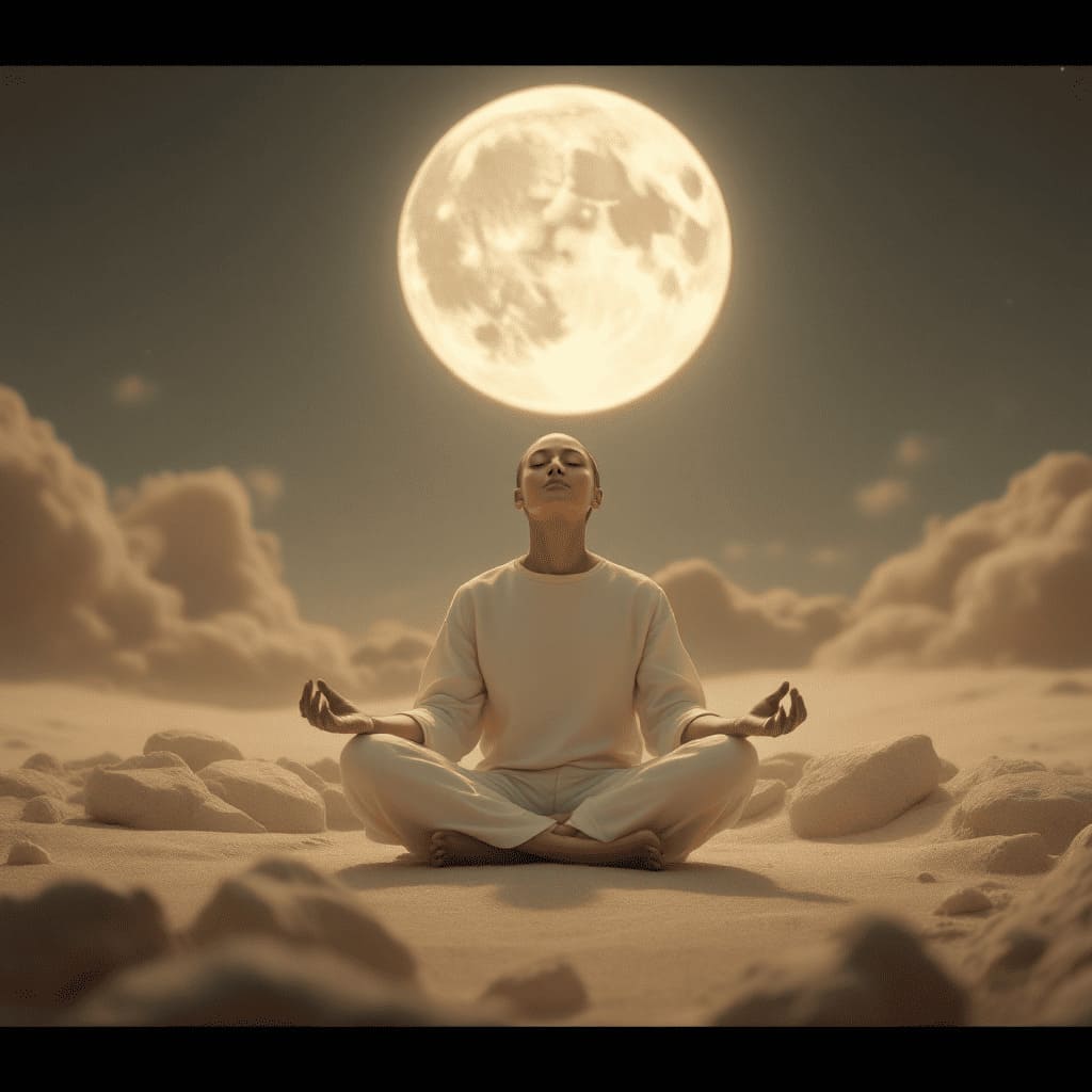 person meditating under full moon nature