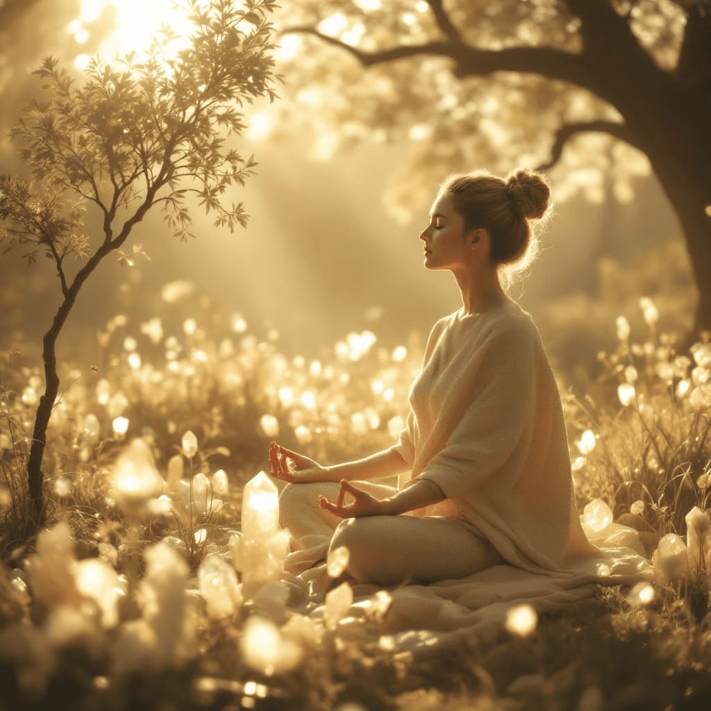 person meditating with crystals in peaceful natural setting
