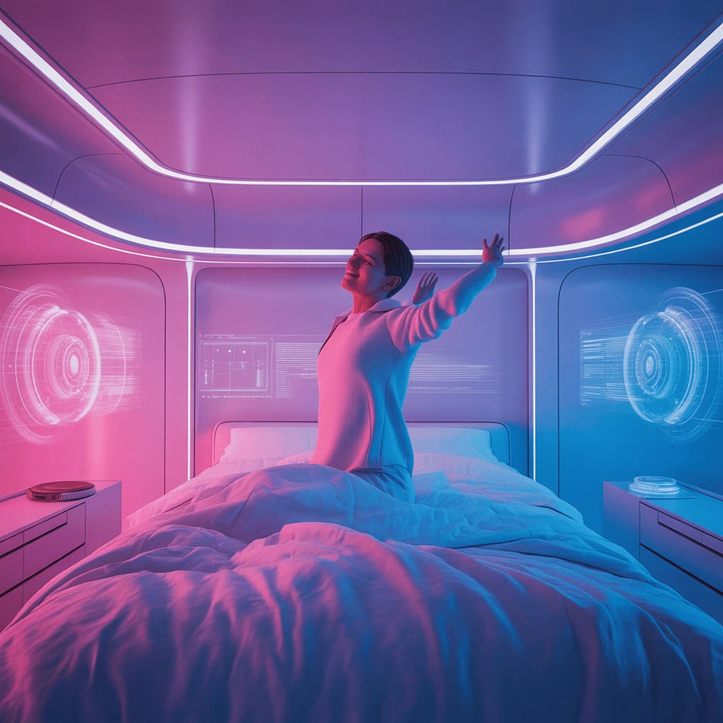 person waking up stretching refreshed alert