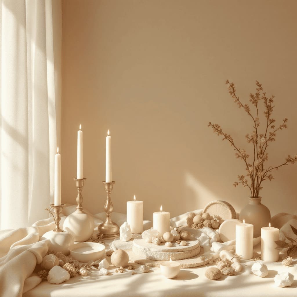 seasonal altar with candles crystals nature elements