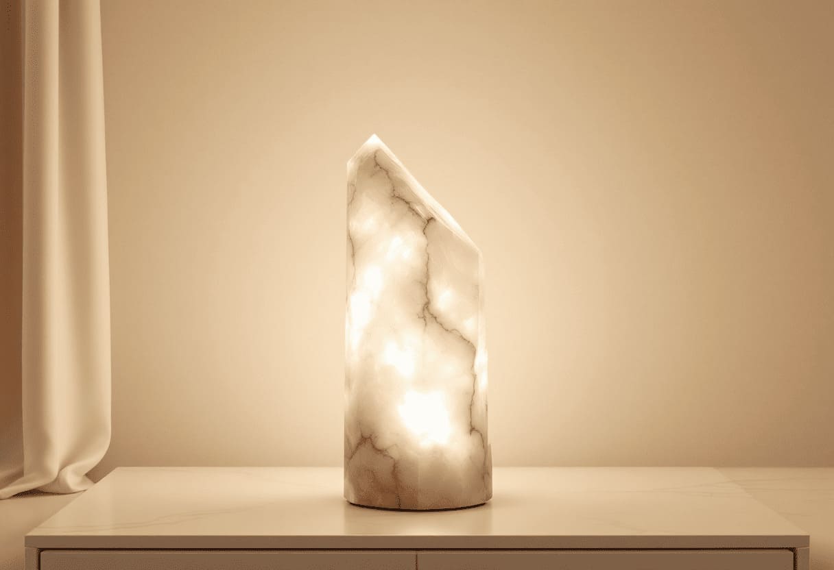 selenite tower lamp glowing white crystal home decor