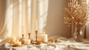 serene home altar with candles and spiritual objects peaceful atmosphere