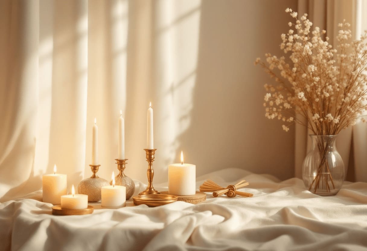 serene home altar with candles and spiritual objects peaceful atmosphere