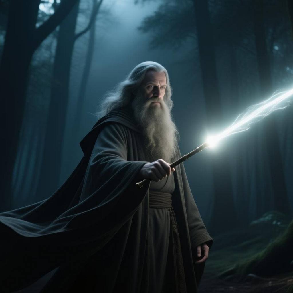 wizard holding glowing wand.