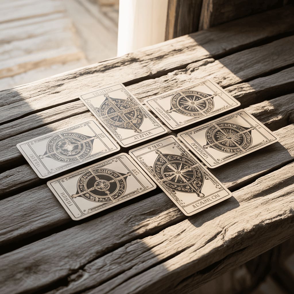 five tarot cards arranged in cross pattern on wooden surface