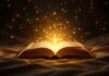 glowing book radiating golden light and energy