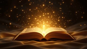 glowing book radiating golden light and energy