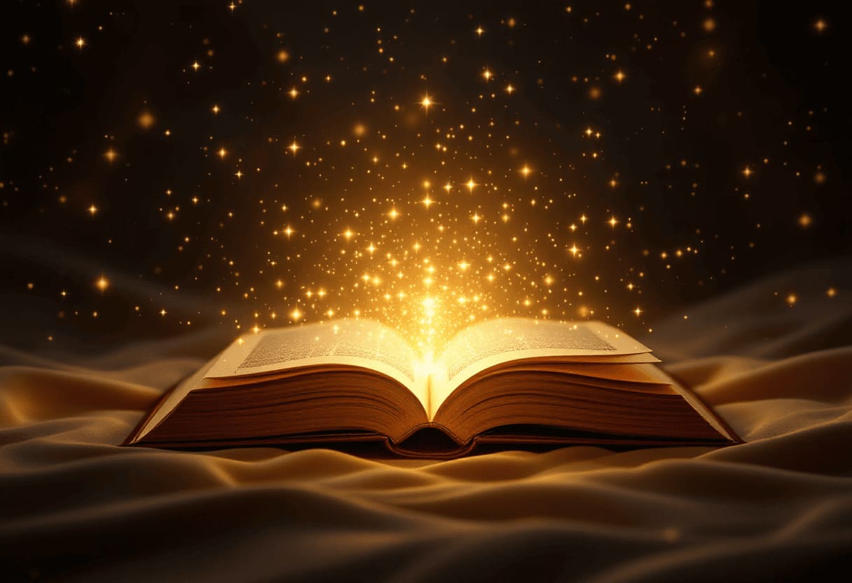 glowing book radiating golden light and energy