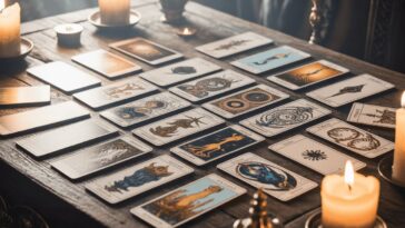 mystical tarot cards spread on table