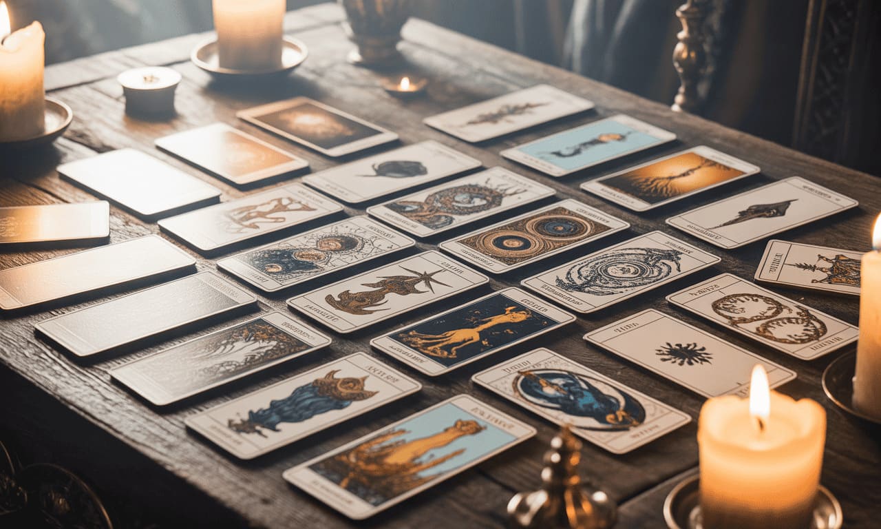 mystical tarot cards spread on table