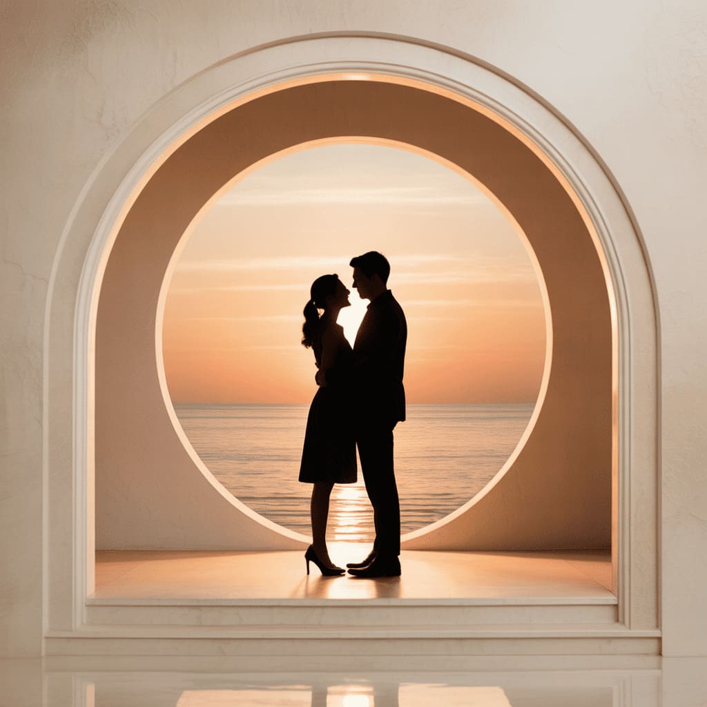 romantic couple silhouette at sunset symbolizing partnership