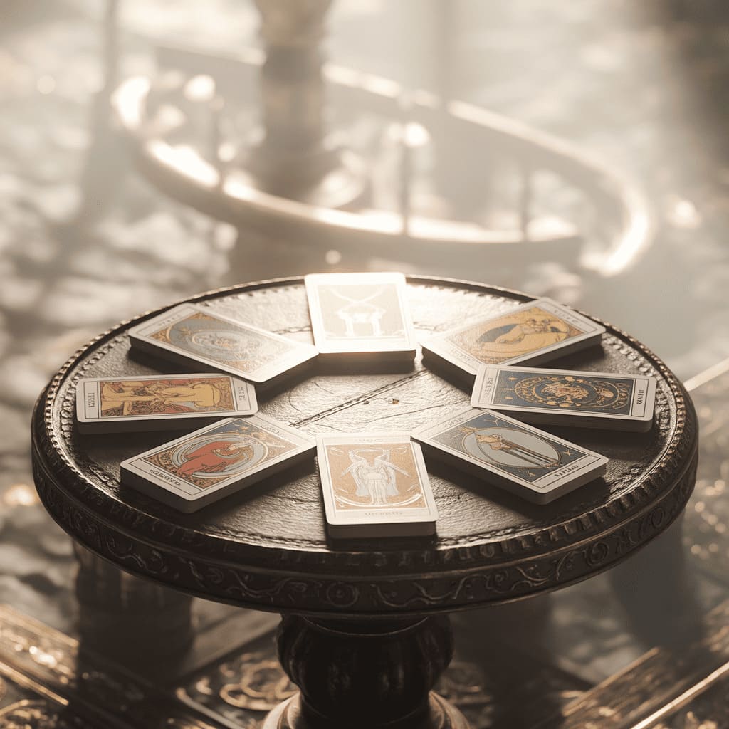 seven tarot cards in horseshoe spread mystical lighting