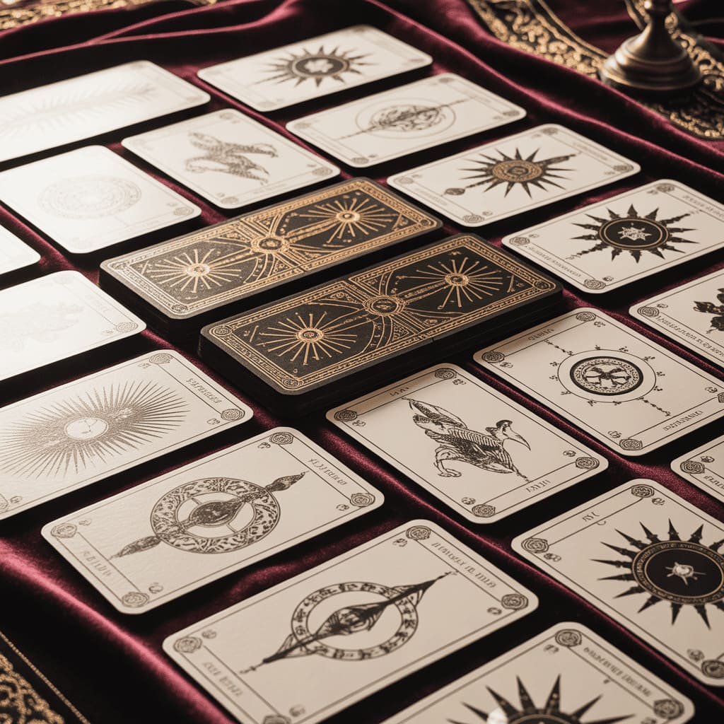 tarot cards arranged in geometric pattern on velvet cloth