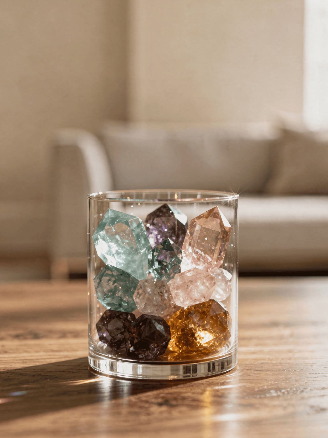 beautiful colorful crystals growing in glass container at home
