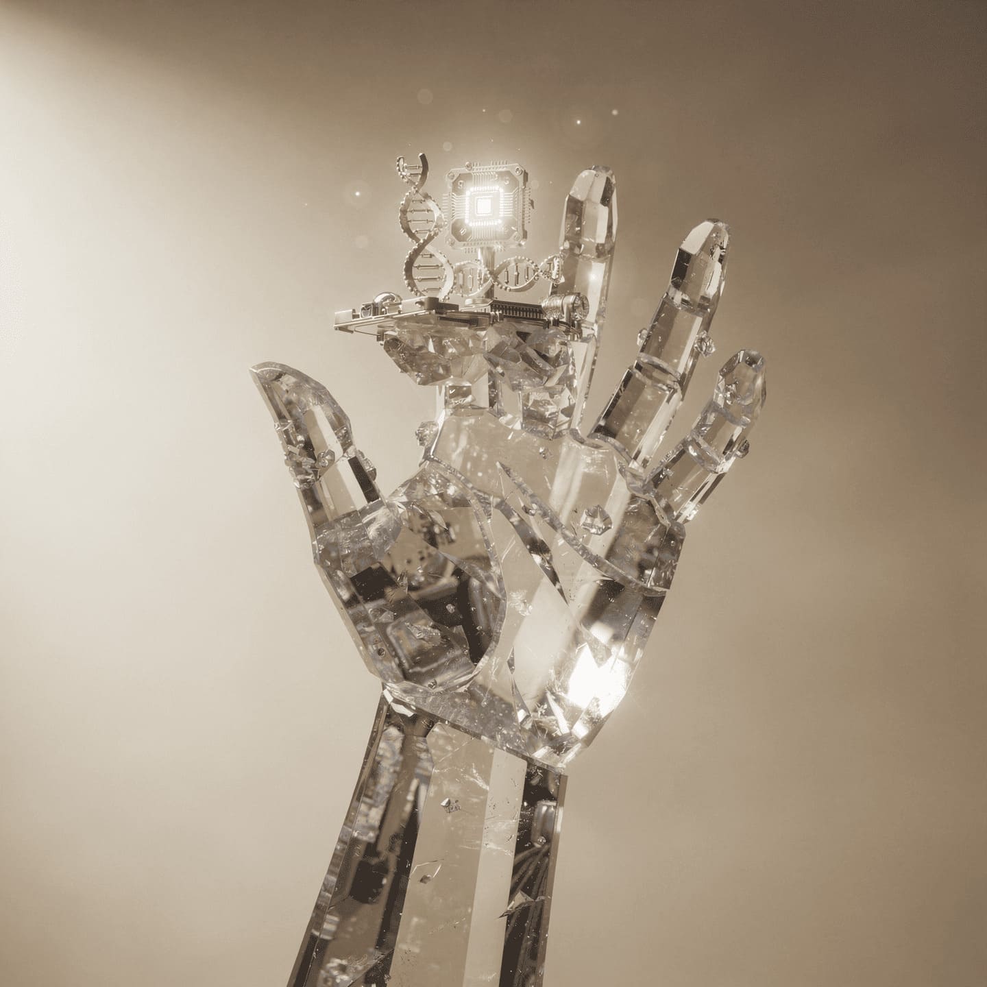 perfect giant clear crystal hand holding scientific achievement