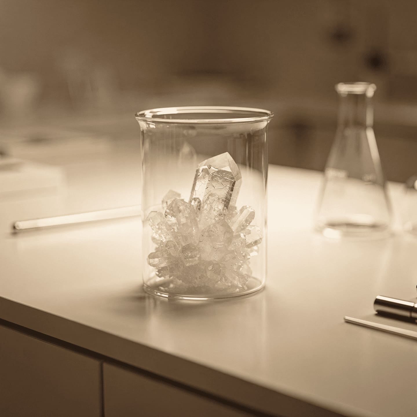 perfect large clear alum crystal growing in jar laboratory setup