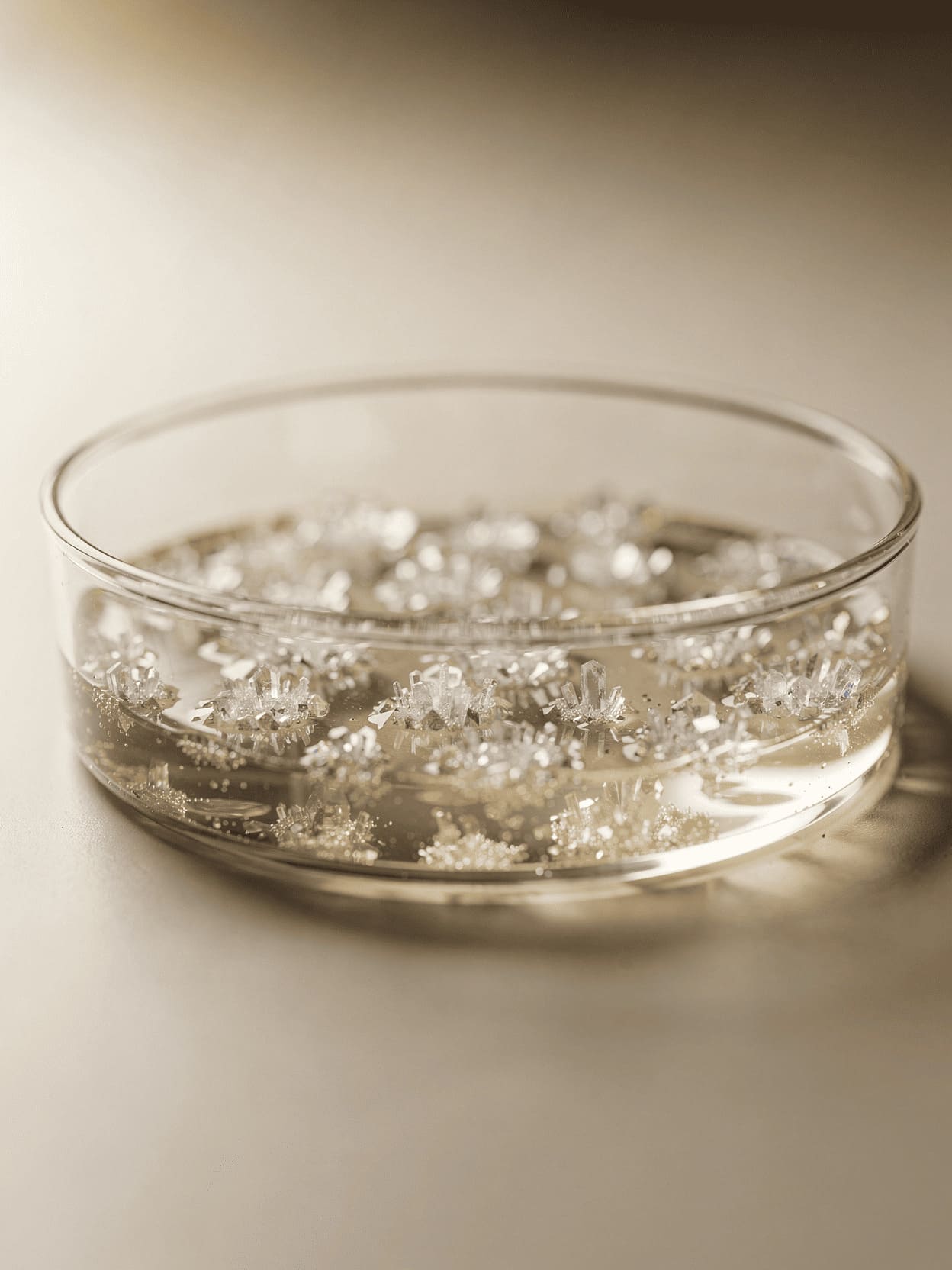 tiny seed crystals forming in shallow dish crystal growing