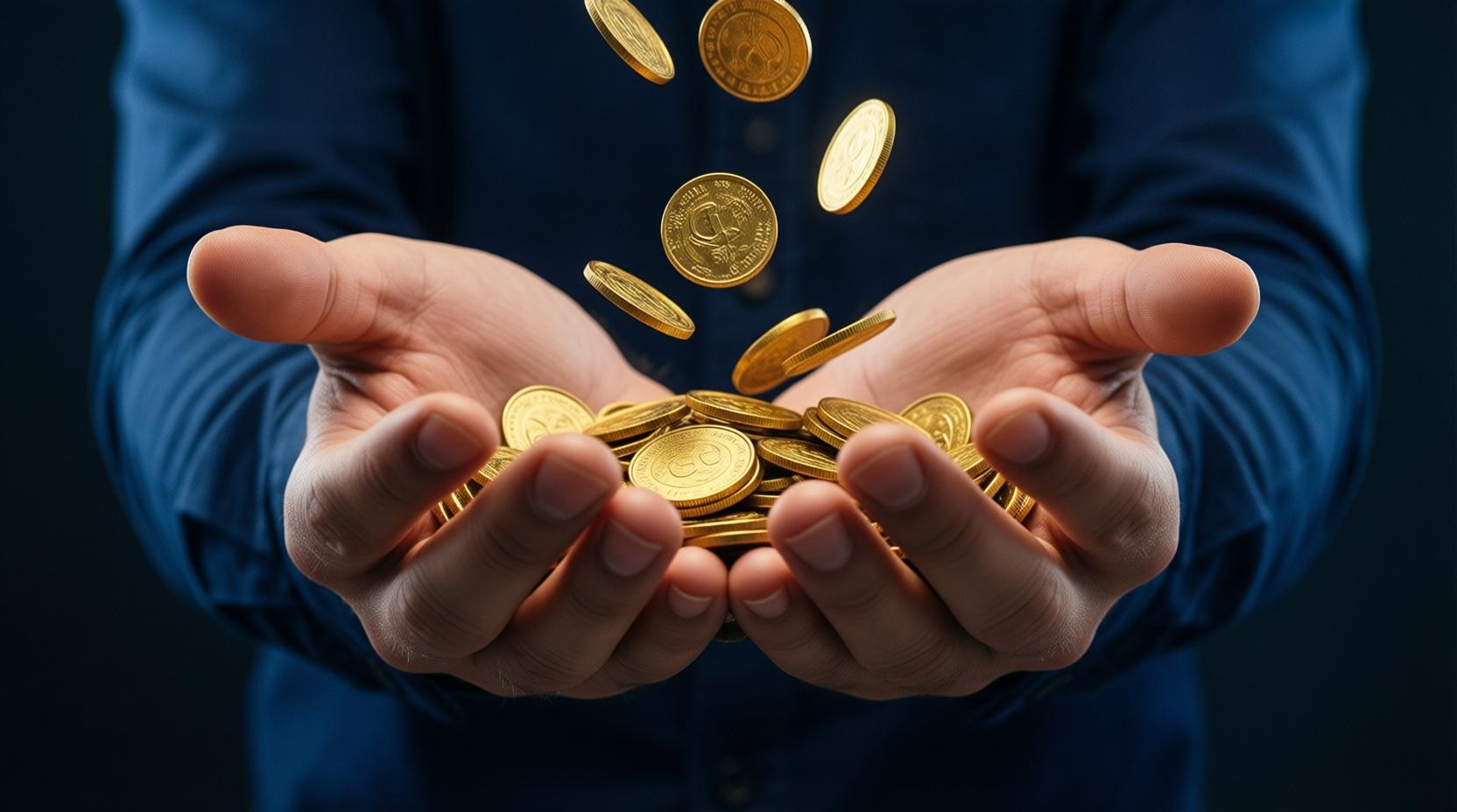 open hands releasing golden coins symbolizing wealth and possessions