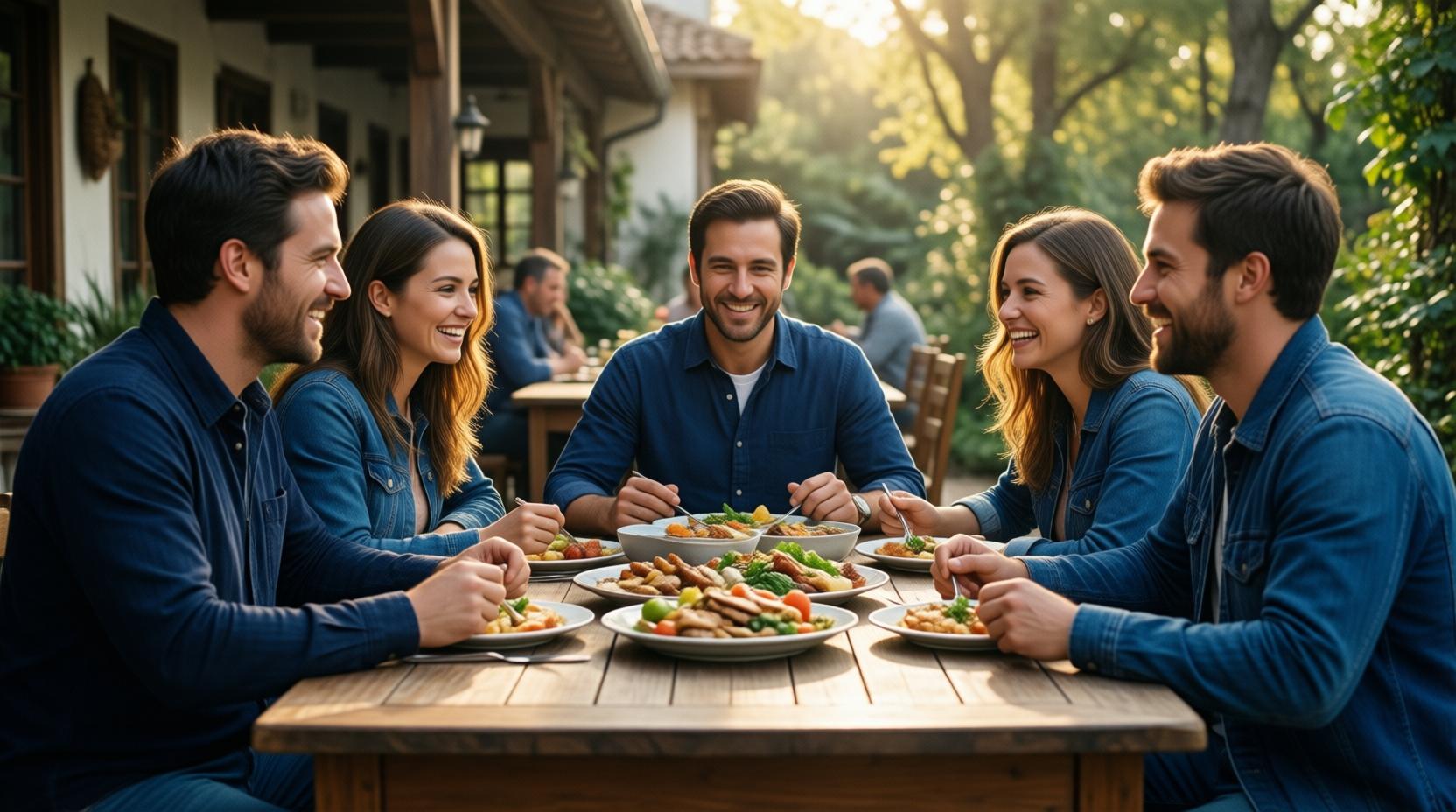 person enjoying simple meal with friends in warm sunlight