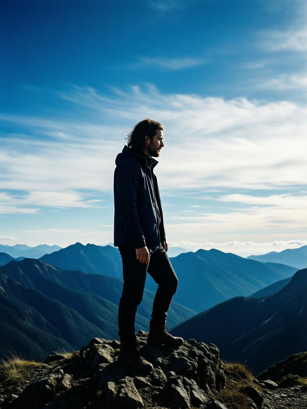 person standing on mountain peak looking at vast sky contemplating meaning