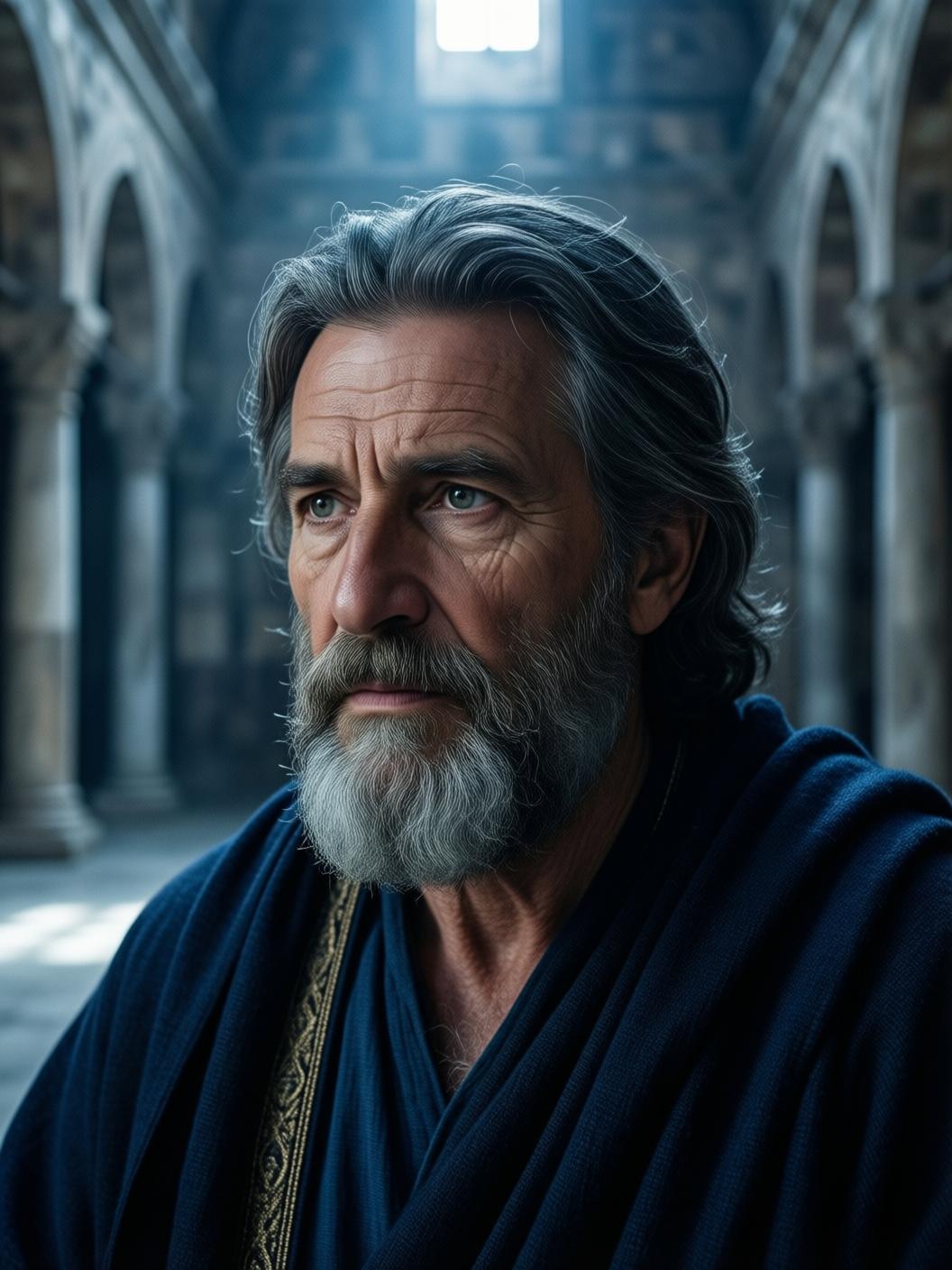 wise elderly king Solomon sitting in Jerusalem temple contemplating life